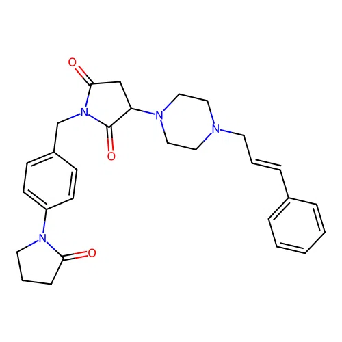 1-[4-(2-oxopyrrolidin-1-yl)benzyl]-3-{4-[(2E)-3-phenylprop-2-en-1-yl]piperazin-1-yl}pyrrolidine-2,5-dione structure