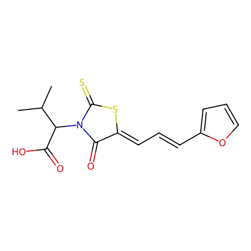 2-[(5Z)-5-[(E)-3-(furan-2-yl)prop-2-enylidene]-4-oxo-2-sulfanylidene-1,3-thiazolidin-3-yl]-3-methylbutanoic acid structure