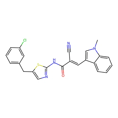 (E)-N-(5-(3-chlorobenzyl)thiazol-2-yl)-2-cyano-3-(1-methyl-1H-indol-3-yl)acrylamide structure