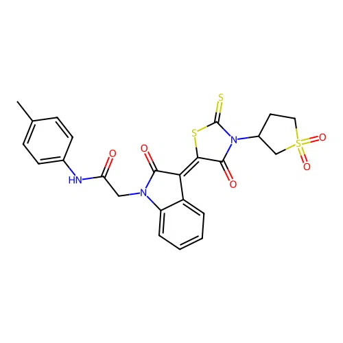 2-[(3Z)-3-[3-(1,1-dioxothiolan-3-yl)-4-oxo-2-sulfanylidene-1,3-thiazolidin-5-ylidene]-2-oxoindol-1-yl]-N-(4-methylphenyl)acetamide structure