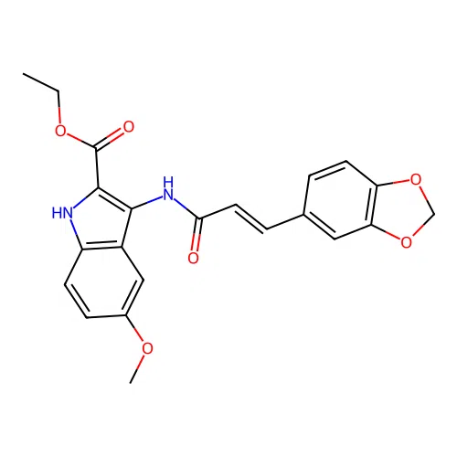 (E)-ethyl 3-(3-(benzo[d][1,3]dioxol-5-yl)acrylamido)-5-methoxy-1H-indole-2-carboxylate structure