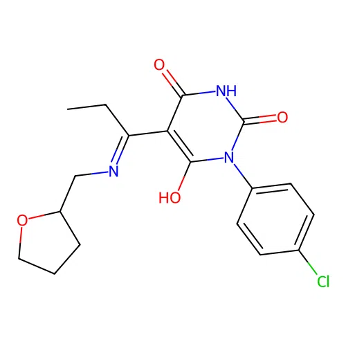 (E)-1-(4-chlorophenyl)-5-(1-(((tetrahydrofuran-2-yl)methyl)amino)propylidene)pyrimidine-2,4,6(1H,3H,5H)-trione structure