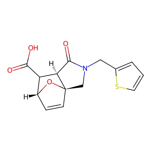 (3aS,6R,7aR)-1-oxo-2-(thiophen-2-ylmethyl)-1,2,3,6,7,7a-hexahydro-3a,6-epoxyisoindole-7-carboxylic acid structure