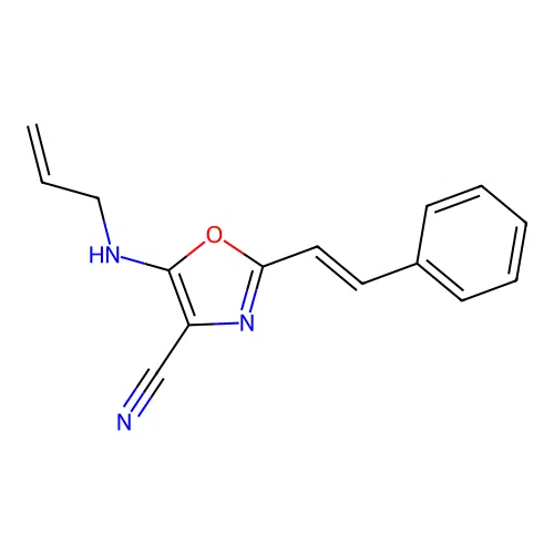 2-[(E)-2-phenylethenyl]-5-(prop-2-enylamino)-1,3-oxazole-4-carbonitrile structure