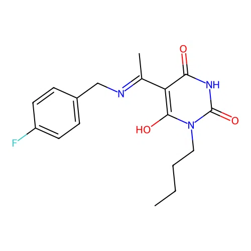 (5E)-1-butyl-5-[1-[(4-fluorophenyl)methylamino]ethylidene]-1,3-diazinane-2,4,6-trione structure