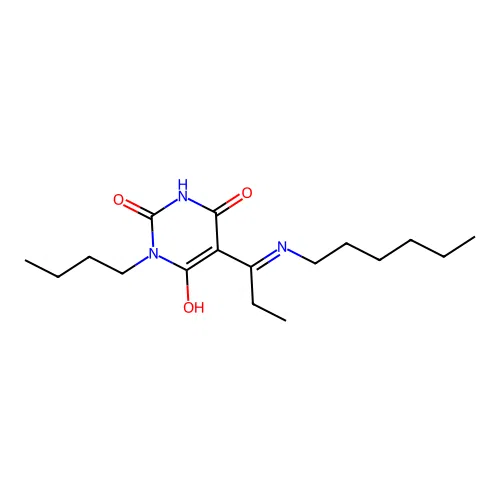 (5E)-1-butyl-5-[1-(hexylamino)propylidene]-1,3-diazinane-2,4,6-trione structure