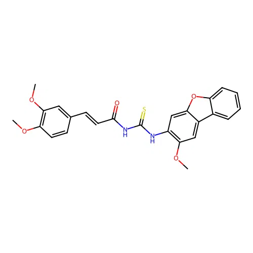 (E)-3-(3,4-dimethoxyphenyl)-N-[(2-methoxydibenzofuran-3-yl)carbamothioyl]prop-2-enamide structure