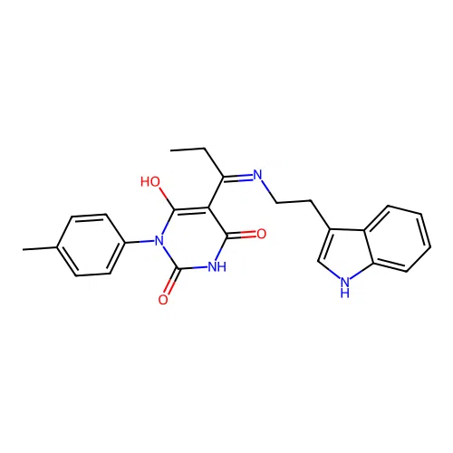 5-[1-[2-(1H-Indol-3-yl)-ethylamino]-prop-(E)-ylidene]-1-p-tolyl-pyrimidine-2,4,6-trione structure