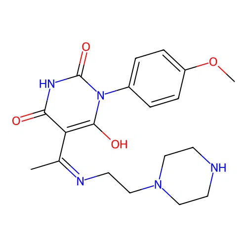 (5E)-1-(4-methoxyphenyl)-5-[1-(2-piperazin-1-ylethylamino)ethylidene]-1,3-diazinane-2,4,6-trione structure