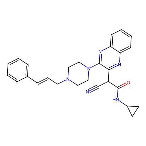 (E)-2-(3-(4-cinnamylpiperazin-1-yl)quinoxalin-2-yl)-2-cyano-N-cyclopropylacetamide structure