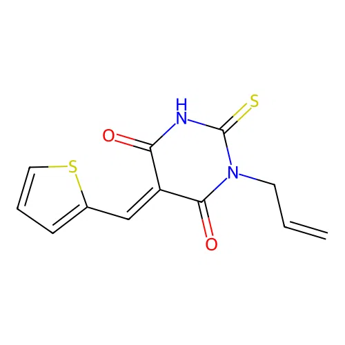 (5E)-1-prop-2-enyl-2-sulfanylidene-5-(thiophen-2-ylmethylidene)-1,3-diazinane-4,6-dione structure