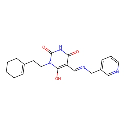 (5E)-1-[2-(cyclohexen-1-yl)ethyl]-5-[(pyridin-3-ylmethylamino)methylidene]-1,3-diazinane-2,4,6-trione structure