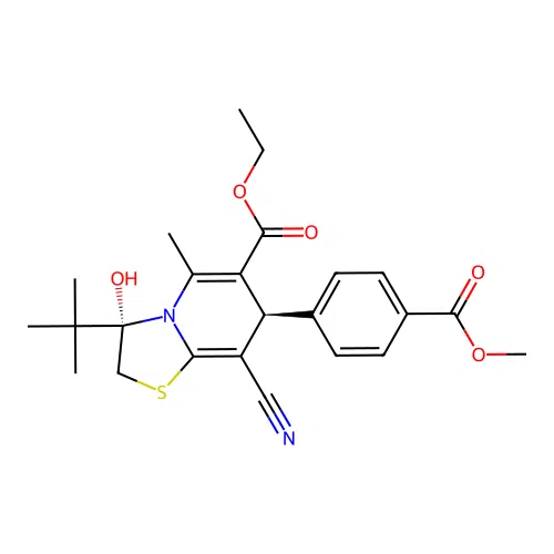 (3S,7R)-ethyl 3-(tert-butyl)-8-cyano-3-hydroxy-7-(4-(methoxycarbonyl)phenyl)-5-methyl-3,7-dihydro-2H-thiazolo[3,2-a]pyridine-6-carboxylate structure