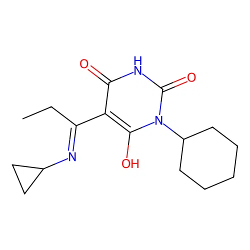 (E)-1-cyclohexyl-5-(1-(cyclopropylamino)propylidene)pyrimidine-2,4,6(1H,3H,5H)-trione structure