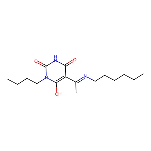 (5E)-3-butyl-5-[1-(hexylamino)ethylidene]-6-hydroxypyrimidine-2,4(3H,5H)-dione structure