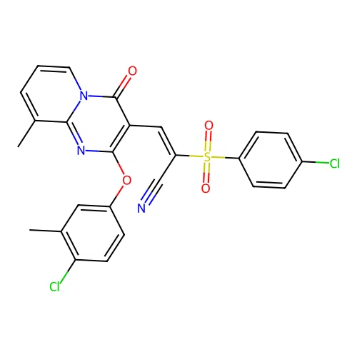 (E)-3-[2-(4-chloro-3-methylphenoxy)-9-methyl-4-oxopyrido[1,2-a]pyrimidin-3-yl]-2-(4-chlorophenyl)sulfonylprop-2-enenitrile structure