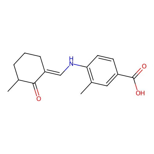 3-methyl-4-{[(E)-(3-methyl-2-oxocyclohexylidene)methyl]amino}benzoic acid structure