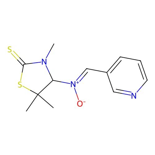 (Z)-3,5,5-trimethyl-N-(pyridin-3-ylmethylene)-2-thioxothiazolidin-4-amine oxide structure