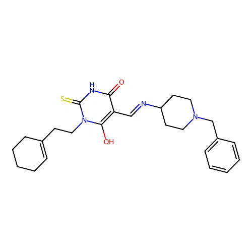 (5E)-5-[[(1-benzylpiperidin-4-yl)amino]methylidene]-1-[2-(cyclohexen-1-yl)ethyl]-2-sulfanylidene-1,3-diazinane-4,6-dione structure