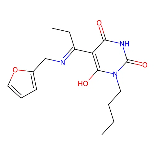 (5E)-1-butyl-5-[1-(furan-2-ylmethylamino)propylidene]-1,3-diazinane-2,4,6-trione structure