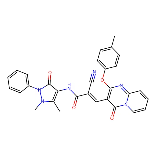 (2E)-2-cyano-N-(1,5-dimethyl-3-oxo-2-phenyl-2,3-dihydro-1H-pyrazol-4-yl)-3-[2-(4-methylphenoxy)-4-oxo-4H-pyrido[1,2-a]pyrimidin-3-yl]prop-2-enamide structure