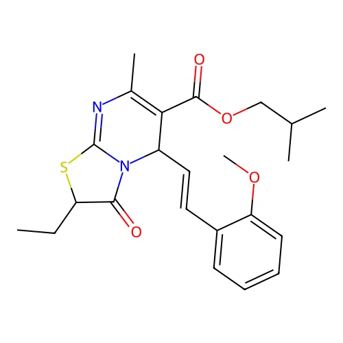 2-methylpropyl 2-ethyl-5-[(E)-2-(2-methoxyphenyl)ethenyl]-7-methyl-3-oxo-2,3-dihydro-5H-[1,3]thiazolo[3,2-a]pyrimidine-6-carboxylate structure