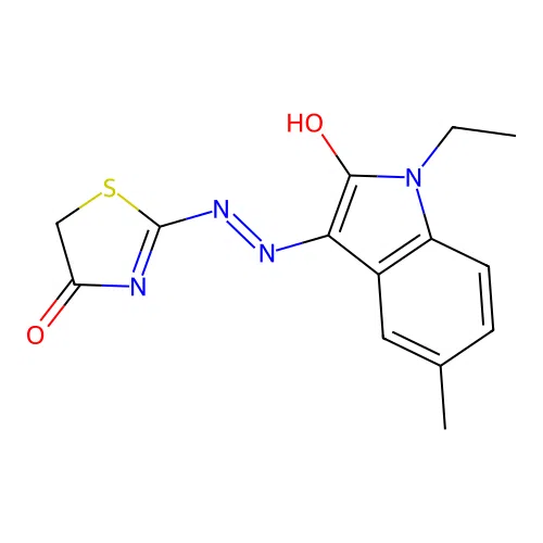 (E)-2-((Z)-(1-ethyl-5-methyl-2-oxoindolin-3-ylidene)hydrazono)thiazolidin-4-one structure