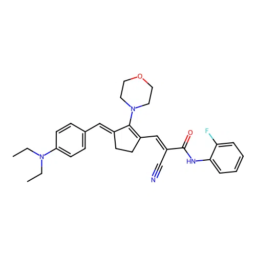 (E)-2-cyano-3-[(3E)-3-[[4-(diethylamino)phenyl]methylidene]-2-morpholin-4-ylcyclopenten-1-yl]-N-(2-fluorophenyl)prop-2-enamide structure