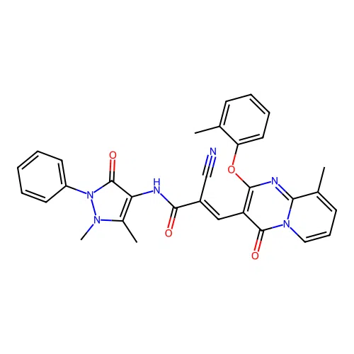 (E)-2-cyano-N-(1,5-dimethyl-3-oxo-2-phenylpyrazol-4-yl)-3-[9-methyl-2-(2-methylphenoxy)-4-oxopyrido[1,2-a]pyrimidin-3-yl]prop-2-enamide structure