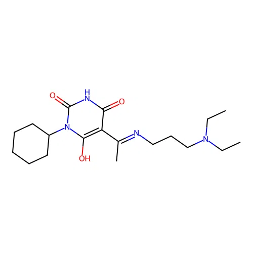 1-cyclohexyl-5-[1-[3-(diethylamino)propylamino]ethylidene]-1,3-diazinane-2,4,6-trione structure