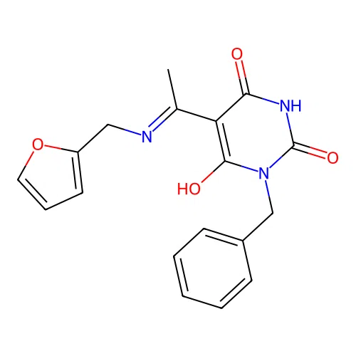 (5Z)-1-benzyl-5-[1-(furan-2-ylmethylamino)ethylidene]-1,3-diazinane-2,4,6-trione structure