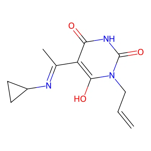 (E)-1-allyl-5-(1-(cyclopropylamino)ethylidene)pyrimidine-2,4,6(1H,3H,5H)-trione structure