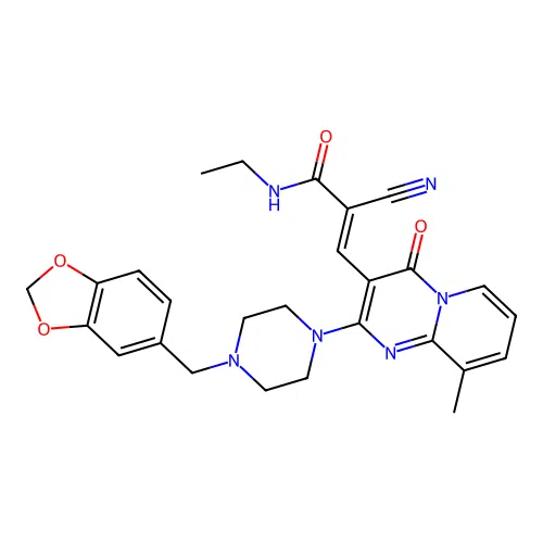 (2E)-3-{2-[4-(1,3-benzodioxol-5-ylmethyl)piperazin-1-yl]-9-methyl-4-oxo-4H-pyrido[1,2-a]pyrimidin-3-yl}-2-cyano-N-ethylprop-2-enamide structure
