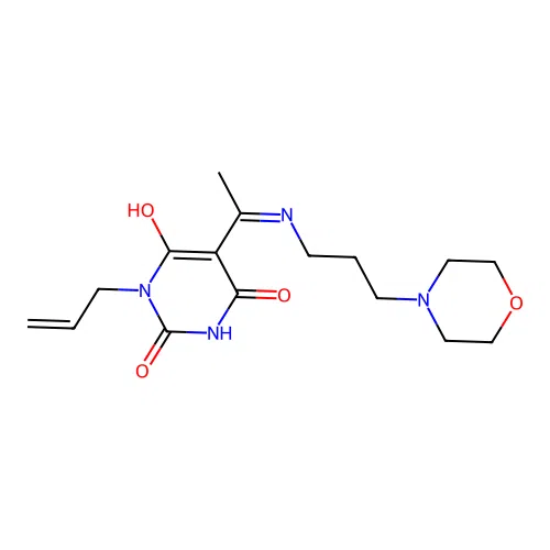 (E)-1-allyl-5-(1-((3-morpholinopropyl)amino)ethylidene)pyrimidine-2,4,6(1H,3H,5H)-trione structure
