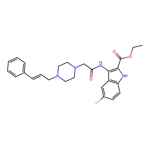 (E)-ethyl 3-(2-(4-cinnamylpiperazin-1-yl)acetamido)-5-fluoro-1H-indole-2-carboxylate structure