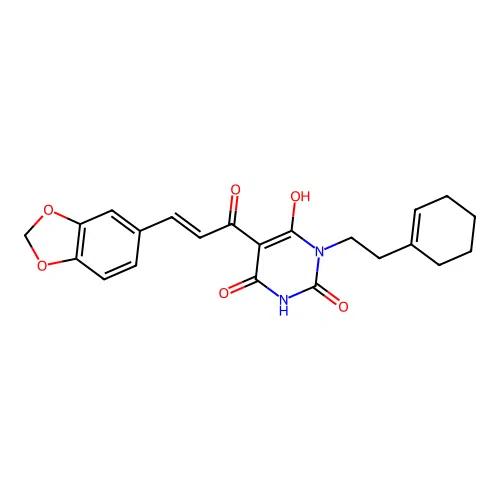 (E)-5-(3-(benzo[d][1,3]dioxol-5-yl)acryloyl)-3-(2-(cyclohex-1-en-1-yl)ethyl)-6-hydroxypyrimidine-2,4(1H,3H)-dione structure