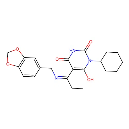 (5E)-1-cyclohexyl-5-[1-(piperonylamino)propylidene]barbituric acid structure