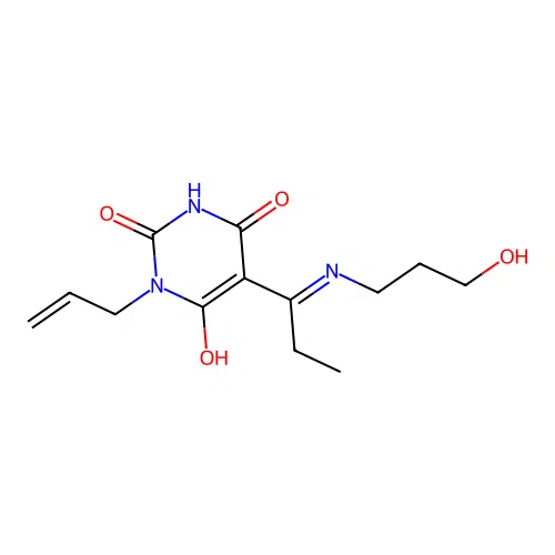 (E)-1-allyl-5-(1-((3-hydroxypropyl)amino)propylidene)pyrimidine-2,4,6(1H,3H,5H)-trione structure