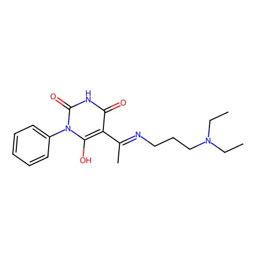 (5E)-5-[1-[3-(diethylamino)propylamino]ethylidene]-1-phenyl-1,3-diazinane-2,4,6-trione structure