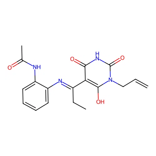 (E)-N-(2-((1-(1-allyl-2,4,6-trioxotetrahydropyrimidin-5(2H)-ylidene)propyl)amino)phenyl)acetamide structure