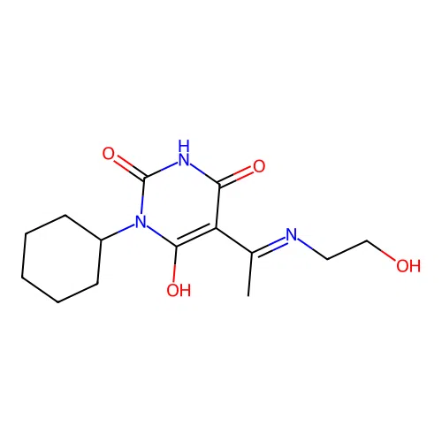 (5E)-1-cyclohexyl-5-[1-(2-hydroxyethylamino)ethylidene]-1,3-diazinane-2,4,6-trione structure