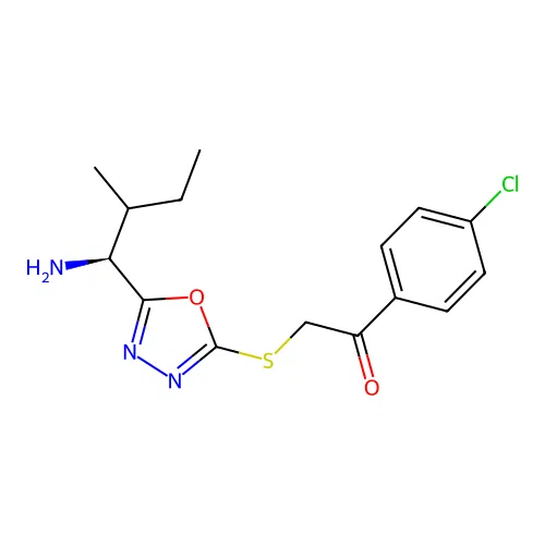 2-((5-((1S,2S)-1-amino-2-methylbutyl)-1,3,4-oxadiazol-2-yl)thio)-1-(4-chlorophenyl)ethanone structure