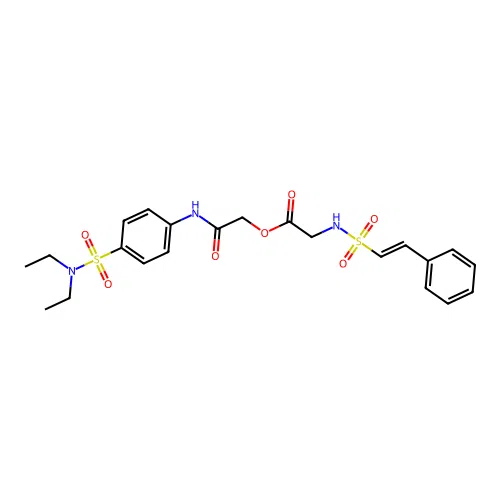 [2-[4-(diethylsulfamoyl)anilino]-2-oxoethyl] 2-[[(E)-2-phenylethenyl]sulfonylamino]acetate structure