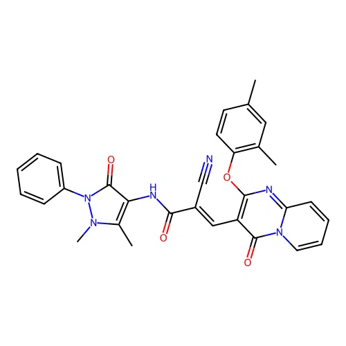 (2E)-2-cyano-N-(1,5-dimethyl-3-oxo-2-phenyl-2,3-dihydro-1H-pyrazol-4-yl)-3-[2-(2,4-dimethylphenoxy)-4-oxo-4H-pyrido[1,2-a]pyrimidin-3-yl]prop-2-enamide structure