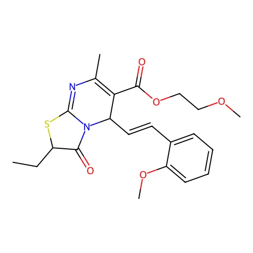 2-Ethyl-5-[(E)-2-(2-methoxy-phenyl)-vinyl]-7-methyl-3-oxo-2,3-dihydro-5H-thiazolo[3,2-a]pyrimidine-6-ca rboxylic acid 2-methoxy-ethyl ester structure