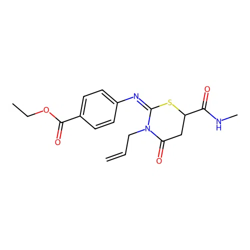 (Z)-ethyl 4-((3-allyl-6-(methylcarbamoyl)-4-oxo-1,3-thiazinan-2-ylidene)amino)benzoate structure
