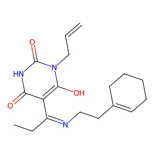 (E)-1-allyl-5-(1-((2-(cyclohex-1-en-1-yl)ethyl)amino)propylidene)pyrimidine-2,4,6(1H,3H,5H)-trione structure