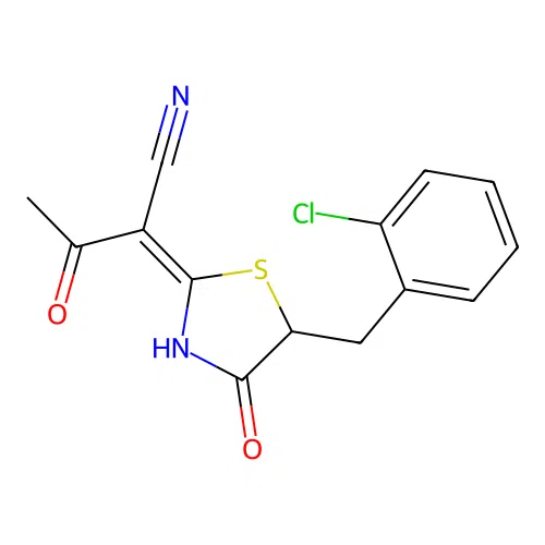 (E)-2-(5-(2-chlorobenzyl)-4-oxothiazolidin-2-ylidene)-3-oxobutanenitrile structure