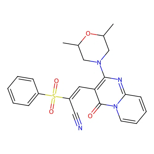(2E)-2-(BENZENESULFONYL)-3-[2-(2,6-DIMETHYLMORPHOLIN-4-YL)-4-OXO-4H-PYRIDO[1,2-A]PYRIMIDIN-3-YL]PROP-2-ENENITRILE structure