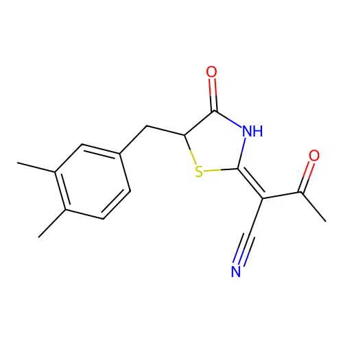 (E)-2-(5-(3,4-dimethylbenzyl)-4-oxothiazolidin-2-ylidene)-3-oxobutanenitrile structure